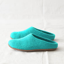 Handmade seaglass aqua wool MITA mule slippers with felted wool uppers and suede soles.