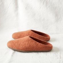 Handmade rust brown wool MITA mule slippers with felted wool uppers and suede soles.