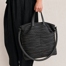 OMA Woven Cotton Leather Double Handle Handbag Black Stripe