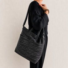 OMA Woven Cotton Leather Double Handle Handbag Black Stripe