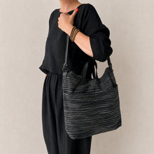 OMA Woven Cotton Leather Double Handle Handbag Black Stripe