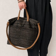 OMA Woven Cotton Leather Double Handle Handbag Neutral Stripe