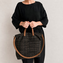 OMA Woven Cotton Leather Double Handle Handbag Neutral Stripe