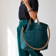 OMA Woven Cotton Leather Double Handle Handbag Ocean Aqua