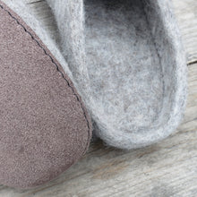 Close-up of felted wool slippers showing natural wool texture and stitched suede sole.