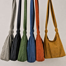 Collection of handmade cotton shoulder bags in grey, black, green, blue, rust and mustard colours