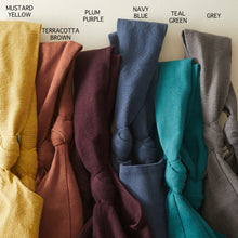 GYANI cotton crossbody bag colour options including mustard yellow, terracotta brown, plum purple, navy blue, teal green and grey.