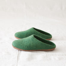 Green wool mule slippers handmade from felted sheep wool with hardwearing suede soles.