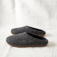 Charcoal grey wool MITA mule slippers with felted wool uppers and suede soles.