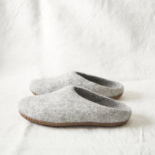 Light grey wool MITA mule slippers with felted wool uppers and hardwearing suede soles.