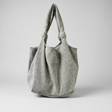 Handmade grey cotton slouch shoulder bag with knotted straps and oversized minimalist tote design