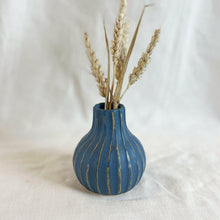 KALIKA Stoneware Textured Stripe Bottle Bud Vase Ocean Blue