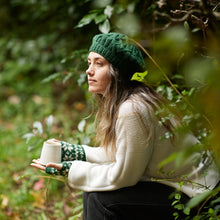 HEMANTA Cable Handknit Wool Jersey Lined Beret Hat Forest Green