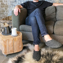 Man wearing grey handmade wool mule slippers at home on a sofa.