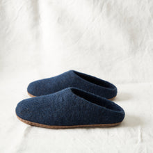 Handmade navy blue wool MITA mule slippers with felted wool uppers and suede soles.