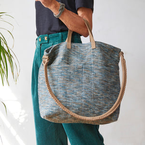 OMA Woven Cotton Leather Double Handle Handbag