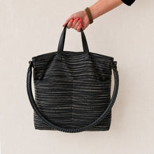 OMA Woven Cotton Leather Double Handle Handbag Black Stripe
