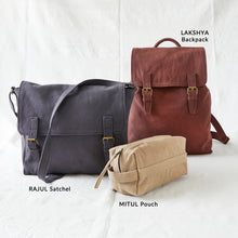 Handmade sustainable canvas accessories including Lakshya backpack, Rajul satchel and Mitul pouch.