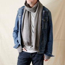 Man wearing a soft grey knit scarf and matching fingerless gloves styled with a denim jacket and jeans in a casual winter outfit.